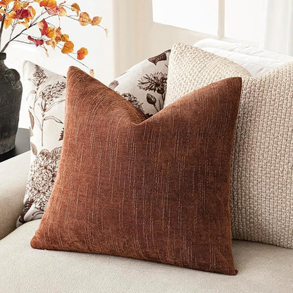 Foindtower Pack of 2 Soft Textured Chenille Throw Decorative Pillow Covers Square Accent Solid Cushion Cover Cozy Neutral Farmhouse Pillow Case for Couch Sofa Bedroom Living Room 18x18 Inch,Red Taupe