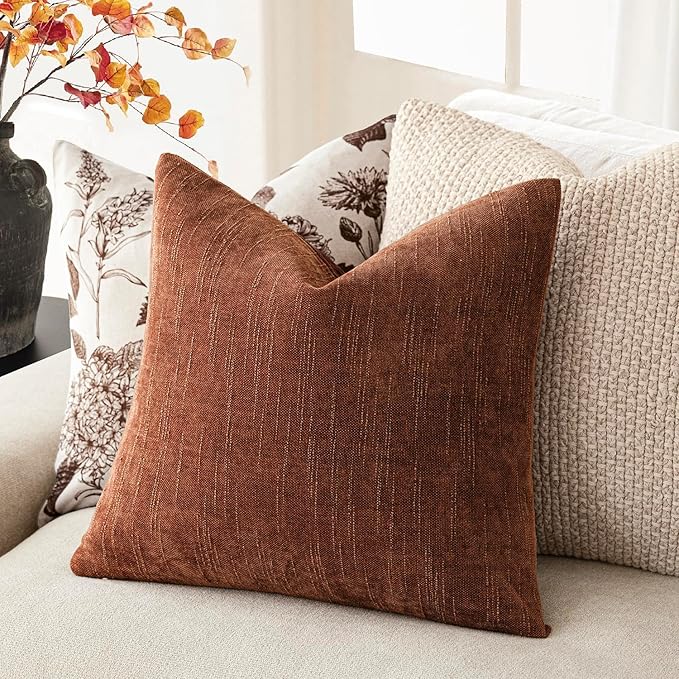 Foindtower Pack of 2 Soft Textured Chenille Throw Decorative Pillow Covers Square Accent Solid Cushion Cover Cozy Neutral Farmhouse Pillow Case for Couch Sofa Bedroom Living Room 16x16 Inch,Red Taupe