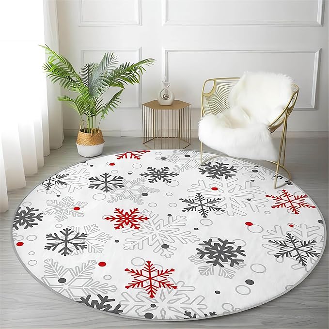 Christmas Area Rug, 7ft, White Round Rug, Christmas Winter Snowflake Rug, Modern Minimalist Living Room Decoration Rug, Soft Non-Slip Washable Mat, Living Room Bedroom Bedside Sofa