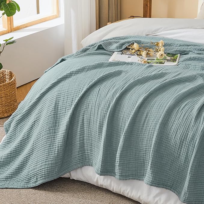 EMME Cotton Muslin King Blanket Bed Layering Bedspread Coverlet Breathable Gauze Blanket Soft Lightweight (Heather Teal, 108"x90")