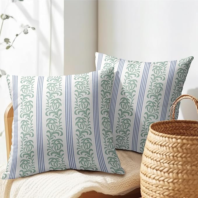 Blue Green Floral Pillow Covers 22x22 Set of 2 Spring Vitage Flower Striped Pattern Rustic Decorative Outdoor Farmhouse Zipper Boho Pillowcases Decorations Throw Cushion Cover Decor for Couch Sofa Bed