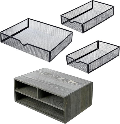 MyGift Vintage Weathered Gray Solid Wood Desktop Organizer Box with 3 Removable Black Metal Mesh Trays, Office Desk Supplies Storage Drawers for Accessories