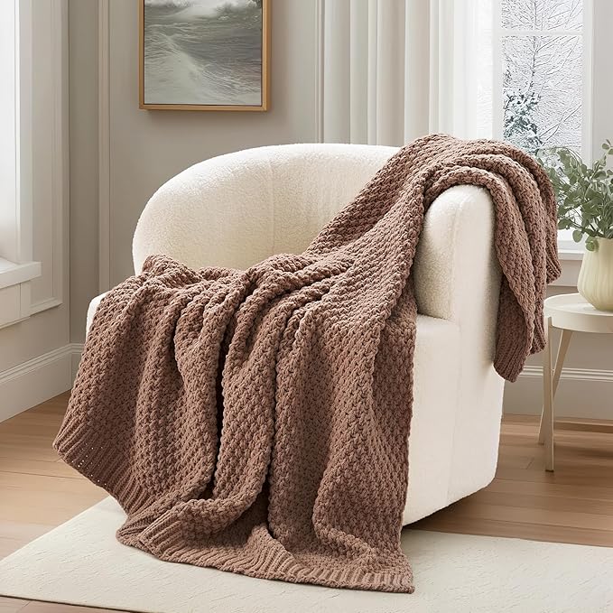 EVERGRACEHOME Chunky Chenille Knit Throw Blanket for Couch, Soft Luxurious Moss Stitch Blankets for Bed, Cozy Decorative Farmhouse Knitted Throws for Sofa, Terracotta Clay, 60" x 80"