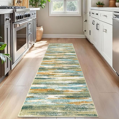 Modern Abstract Bedroom Runner Rug 2x7, Green Mustard Multi Washable Kitchen Runner, Non-Slip Soft Thin Faux Wool Mat for Entryway, Hallway, Laundry Room, Indoor Home Decor