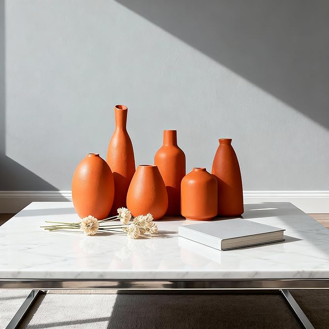 Orange Ceramic Bud Vases Set of 6, Modern Boho Home Décor for Living Room, Shelf, Mantle & Fireplace, 3.7″–7.6″ Matte Minimalist Vases for Kitchen, Bathroom, Office, Small Flower Vases, Gift Ready