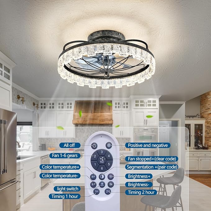 Rustic Black Ceiling Fan with Light, Farmhouse Flower Caged Ceiling Fan with Remote, LED Low Profile Ceiling Light for Bedroom Kitchen Living Room