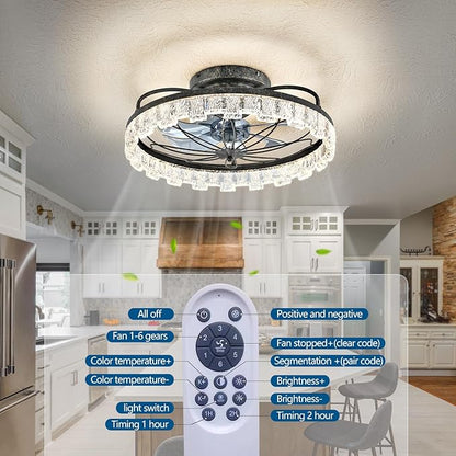 Rustic Black Ceiling Fan with Light, Farmhouse Flower Caged Ceiling Fan with Remote, LED Low Profile Ceiling Light for Bedroom Kitchen Living Room