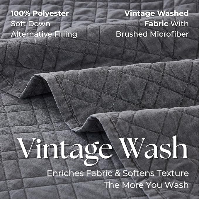 Queen Quilt Set with Shams Lightweight Quilted Bedspread Coverlet Thin Comforter Bed Cover Vintage Washed Quilted Blanket for All Season, Brushed Microfiber Diamond Stitching, Ash Gray, 88"x92"
