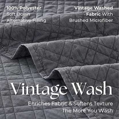 Queen Quilt Set with Shams Lightweight Quilted Bedspread Coverlet Thin Comforter Bed Cover Vintage Washed Quilted Blanket for All Season, Brushed Microfiber Diamond Stitching, Ash Gray, 88"x92"