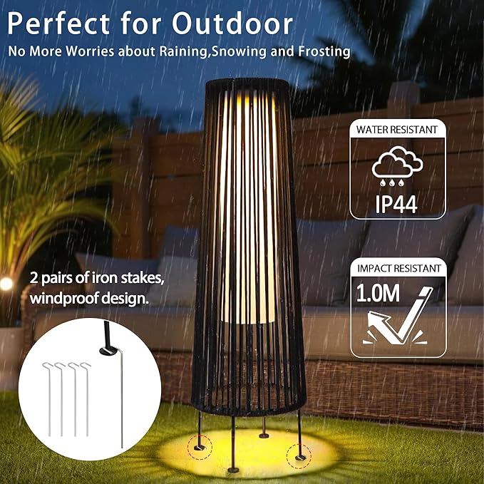 TRIROCKS Outdoor Floor Lamp 2 Piece Solar Powered Lantern Wicker Solar Patio Lamp with Olifen Rope Waterproof Rattan Outside Solar Deck Light for Patio Garden Lawn Yard (Black)