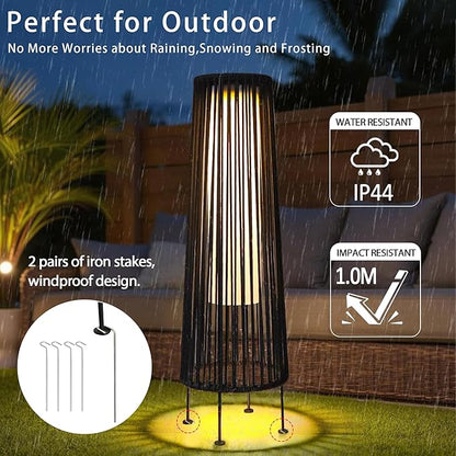 TRIROCKS Outdoor Floor Lamp 2 Piece Solar Powered Lantern Wicker Solar Patio Lamp with Olifen Rope Waterproof Rattan Outside Solar Deck Light for Patio Garden Lawn Yard (Black)