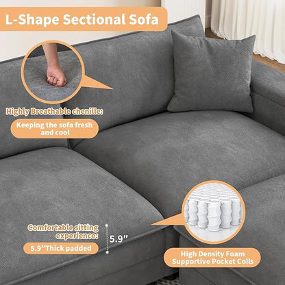 115" U Shaped Cloud Sofa Couch with Ottoman, Storage Armrest, Cup Holders, USB & Type-C Ports, Spring Cushions, Solid Wood Frame, Chenille Modular Sectional for Living Room (Dark Gray-U-115.2")