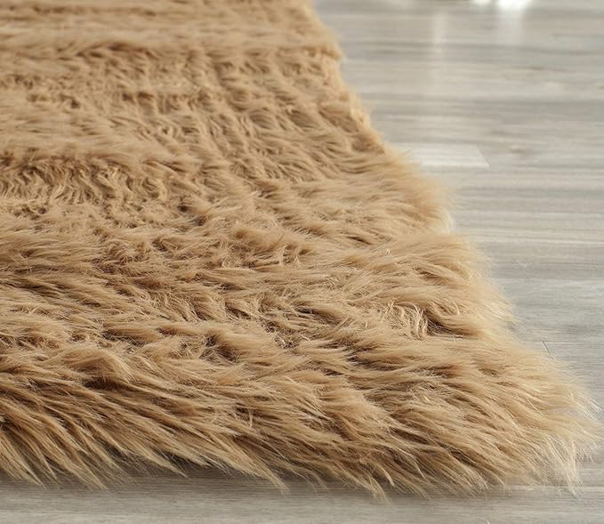 SAFAVIEH Faux Sheep Skin Collection 5' x 8' Camel FSS115E Silken Glam 2.35-inch Thick Area Rug