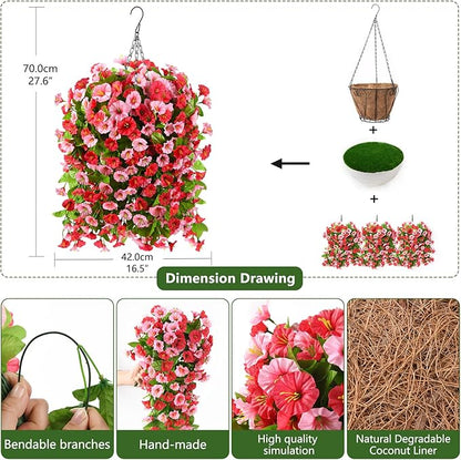 Homsunny Artificial Faux Hanging Flowers Plants Baskets for Outdoor Spring Summer Decorations,Resistant Fake Morning Glory Silk Plants for Outside UV Resistant Patio Yard Home Porch Decor(Rose red)