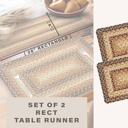 Homespice Russet Jute Braided Short Table Runner, Warm Country Decor, Set of 2, Multicolor Rectangle 8x28 - Rich Colors, Easy to Clean, Durable and Protects Furniture
