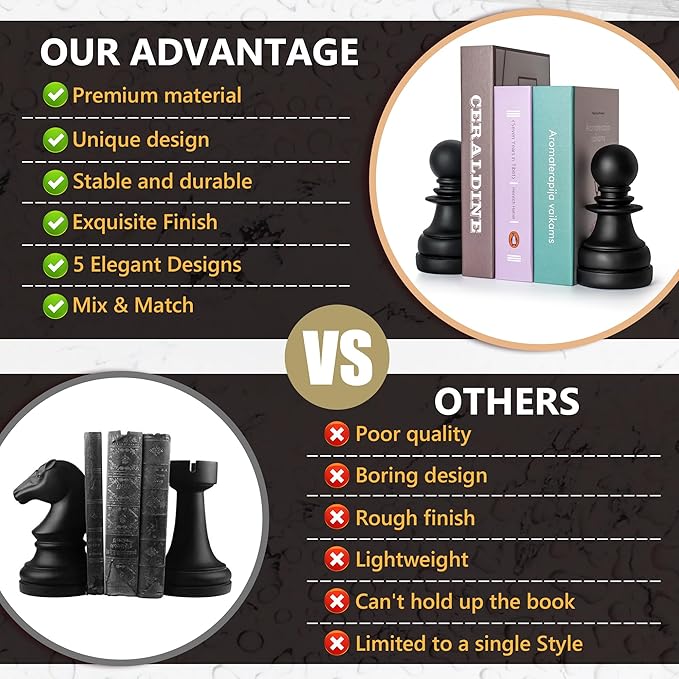 Chess Book Ends for Shelves – Elegant Decorative Bookends for Heavy Books, Office & Living Room Decor – Modern Shelf Organizer and Gift for Book Lovers by ROOKMATE (Black Mate, Pawn Duo)