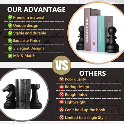 Chess Book Ends for Shelves – Elegant Decorative Bookends for Heavy Books, Office & Living Room Decor – Modern Shelf Organizer and Gift for Book Lovers by ROOKMATE (Black Mate, Pawn Duo)