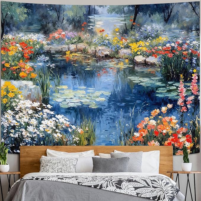 kampdream Scenery Tapestry, Colorful Flower Pond Landscape Wall Hanging, Nature Home Decor for Bedroom and Living Room Aesthetic Wall Art Decoration