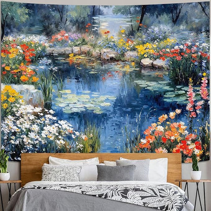 kampdream Scenery Tapestry, Colorful Flower Pond Landscape Wall Hanging, Nature Home Decor for Bedroom and Living Room Aesthetic Wall Art Decoration