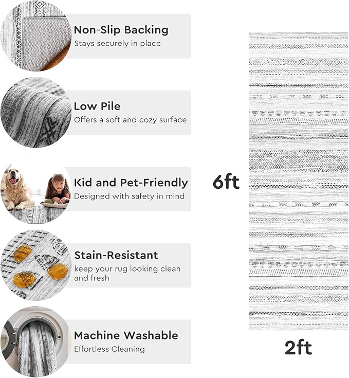 2x6 Runner Rug Machine Washable Non Slip Area Rug Distressed Neutral Moroccan Boho Rug Ultra Soft Floor Runners for Hallways for Entryway Laundry Room Kitchen, Black