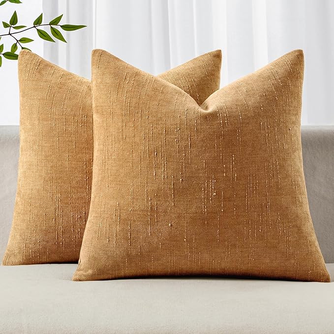 MIULEE Pack of 2 Decorative Throw Pillow Covers 24x24 Inch Soft Chenille Throw Pillows Solid Textured Euro Cushion Covers Home Decor for Bed Couch Sofa Bedroom Living Room,Golden Brown