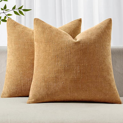 MIULEE Pack of 2 Decorative Throw Pillow Covers Soft Chenille Throw Pillows Solid Textured Cushion Covers Home Decor for Couch Sofa Bedroom Living Room 18x18 Inch,Golden Brown