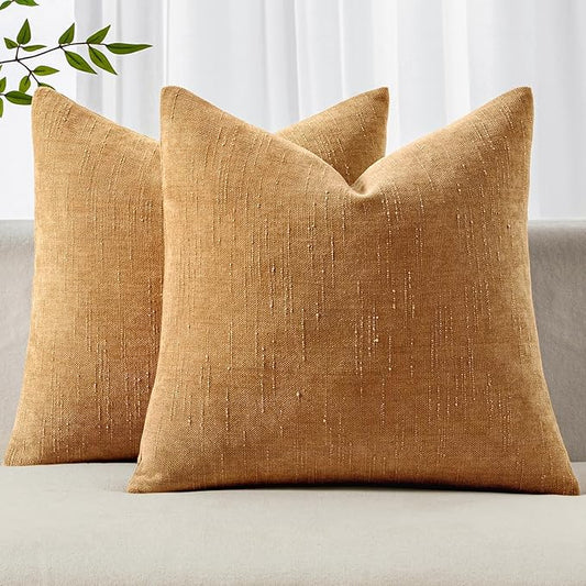 MIULEE Pack of 2 Decorative Throw Pillow Covers Soft Chenille Throw Pillows Solid Textured Cushion Covers Home Decor for Couch Sofa Bedroom Living Room 18x18 Inch,Golden Brown