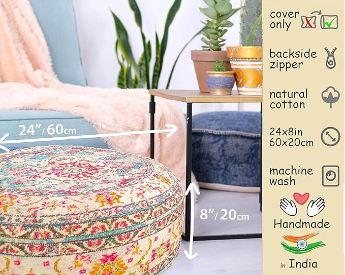 Mandala Life ART Large Floor Pillow Cover Yellow Round Pouf Ottoman Indian Floor Cushion Boho Chic Perfect Vintage Cushion for Living Room, Bedroom, Nursary or Children Room Cotton 24x8 Unstuffed