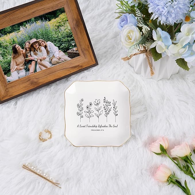 Friendship Gifts for Women Jewelry Dish Trinket Tray - A Sweet Friendship Refreshes The Soul, Christian Birthday Gifts for Women Best Friend Christmas Mothers Day Religious Gift