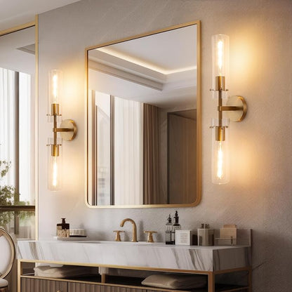 Brass Gold 2-Light Knurled Wall Sconce, Dual-Head Vanity Lamp with Clear Glass Tube, Bathroom Wall Sconces, Wall Lights for Living Room Bedroom Hallway Kitchen Bathroom Mirror