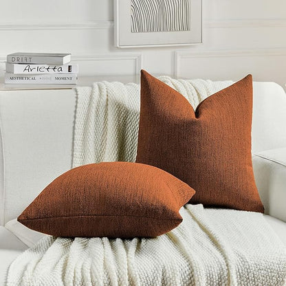FUTEI Rust Chenille Decorative Throw Pillow Covers 24x24 Inch Set of 2,Soft Cozy Faux Linen Textured European Pillow Shams,Farmhouse Home Decor for Couch Living Room