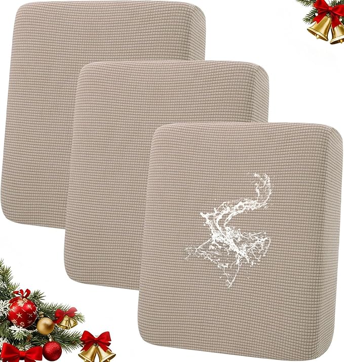 hyha Waterproof Couch Cushion Covers for Pets, Non Slip Sofa Seat Cover for Dogs Washable, Soft Thick Stretch Jacquard Fabric, Sofa Slipcovers with Elastic Bottom (3 Pieces, Taupe)