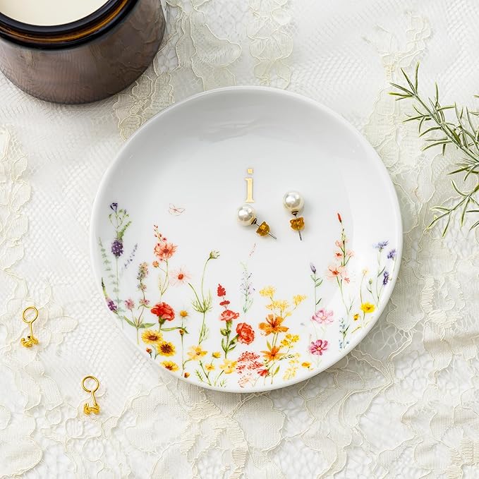 Crisky Initial Jewelry Tray Ring Dish & Gift Box, Ceramic Flower Trinket Dish for Rings Earrings Necklaces Keys, Bridal Shower Engagement Birthday Gift for Women, Friends 4.57" (Gold Foil I