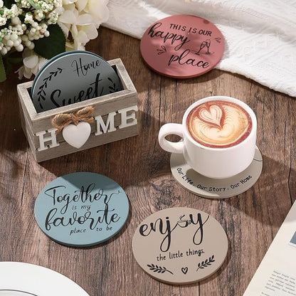 Queekay Coasters Set of 6 House Warming Gifts New Home Wooden Farmhouse Drink Coasters with Holder 4'' Funny Decoration for Kitchen Family Coffee Bar Tabletop Protection(Light Color)