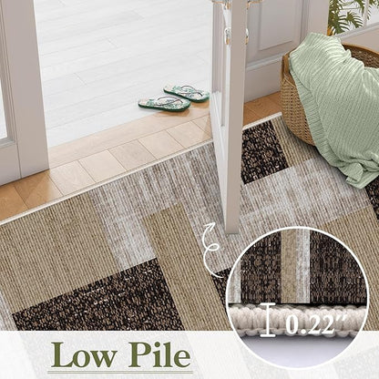 Modern Geometric Patchwork Long Hallway Rug Runners, 3.3x10ft, Neutral Brown Geometry Aesthetic Entrance Carpet, Absorbent Washable Foldable No Crease High Traffic Mat for Laundryroom