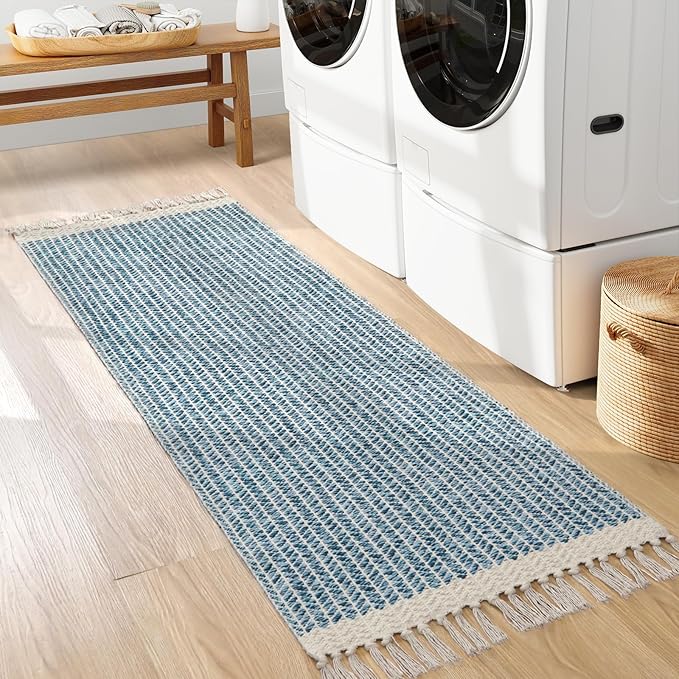 Lahome Boho Kitchen Runner Rugs, 2x6 Laundry Room Rug Lightweight Bathroom Runner Woven Cotton Throw Mat with Tassels, Farmhouse Washable Blue Rug Low Pile Runners for Hallways Entry
