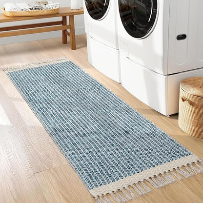 Lahome Boho Kitchen Runner Rugs, 2x6 Laundry Room Rug Lightweight Bathroom Runner Woven Cotton Throw Mat with Tassels, Farmhouse Washable Blue Rug Low Pile Runners for Hallways Entry