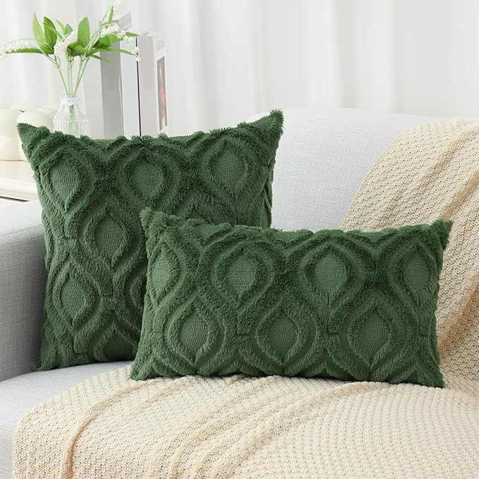 decorUhome Spring Throw Pillow Covers 16x16 Inch Set of 2, Soft Plush Faux Wool Forest Elf Solid Couch Pillow Covers, Accent Farmhouse Neutral Square Pillow Cases for Sofa Bed Living Room