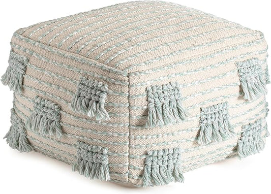 Anji Mountain 100% Handmade & Handcrafted Comfortable Home Décor Pouf Ottoman Footrest for Living Room, Bedroom, Nursery, Kidsroom, Patio Furniture - (22" x 22" x 16"- Green,Beige)