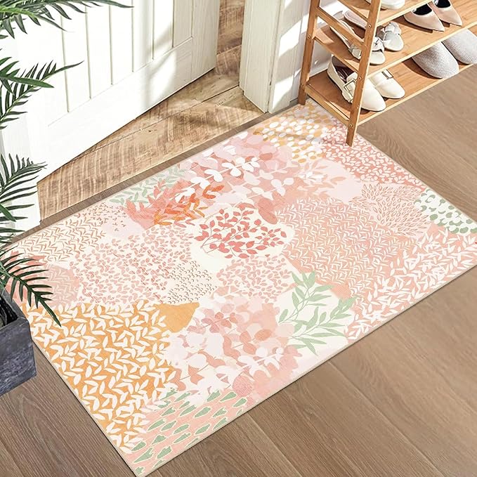 DEXDE 2x3 Area Rug, Small Boho Rugs Entryway Doormat Indoor Machine Washable Non-Slip Abstract Botanical Leaves Floral Floor Carpet for Living Room Bedroom Office Playroom,Pink