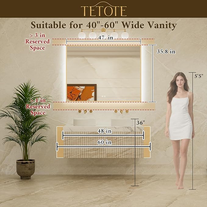 TETOTE 48 x 36 Backlit Bathroom Mirror Brushed Gold Metal Frame LED Light Vanity 3-Color White/Warm/Natural Stepless Dimmable Anti-Fog Backlight Mirror Wall-Mounted