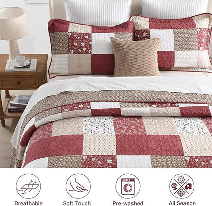 100% Cotton Oversized King Bedspread 120"x120" - Lightweight Vintage Country Quilt - 3 Piece California King Bedspreads Coverlet Set - Reversible Plaid Floral Bedding in Burgundy/Beige/Taupe/White