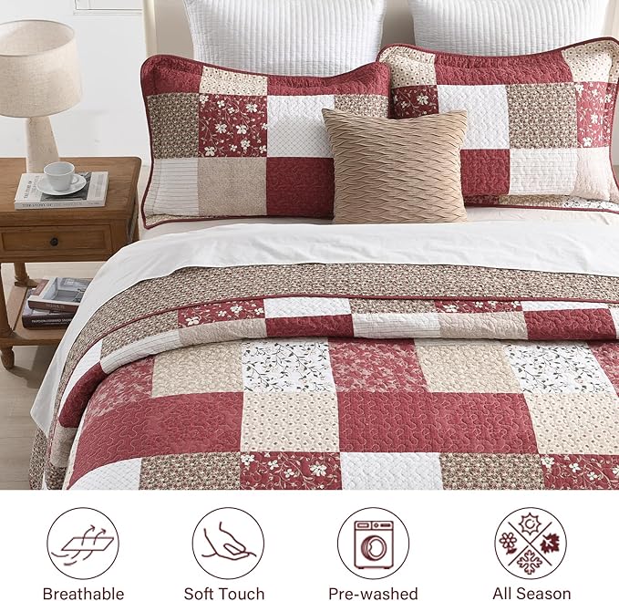 100% Cotton Oversized Queen Bedspread 102"x120" - Lightweight French Vintage Country Quilt - 3 Piece Bedspreads Coverlet Set - Reversible Plaid Floral Geometric Bedding in Burgundy/Beige/Taupe/White
