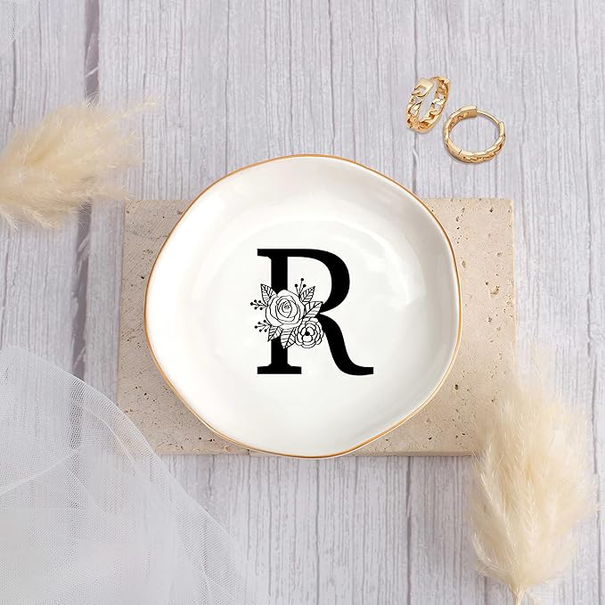 JoycuFF Initial R Ceramic Jewelry Tray, Bridesmaid Bride Gifts, Mothers Day Christmas Anniversary Engagement Birthday Gifts for Women Couples, Trinket Dish for Rings Earrings Necklaces Bracelets Keys