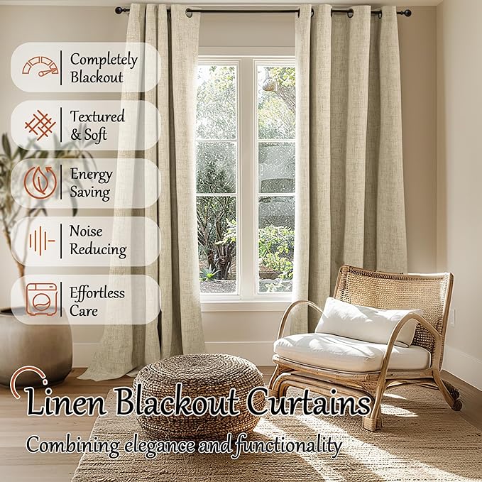 Lajode 100% Blackout Curtains 95 Inches Long for Living Room 2 Panels Set, Faux Linen Textured Floor Length 95 Inch Thermal Insulated Bronze Grommet Boho Window Drapes, Each 52" Wide, Burlap