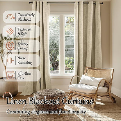 Lajode 100% Blackout Curtains 95 Inches Long for Living Room 2 Panels Set, Faux Linen Textured Floor Length 95 Inch Thermal Insulated Bronze Grommet Boho Window Drapes, Each 52" Wide, Burlap