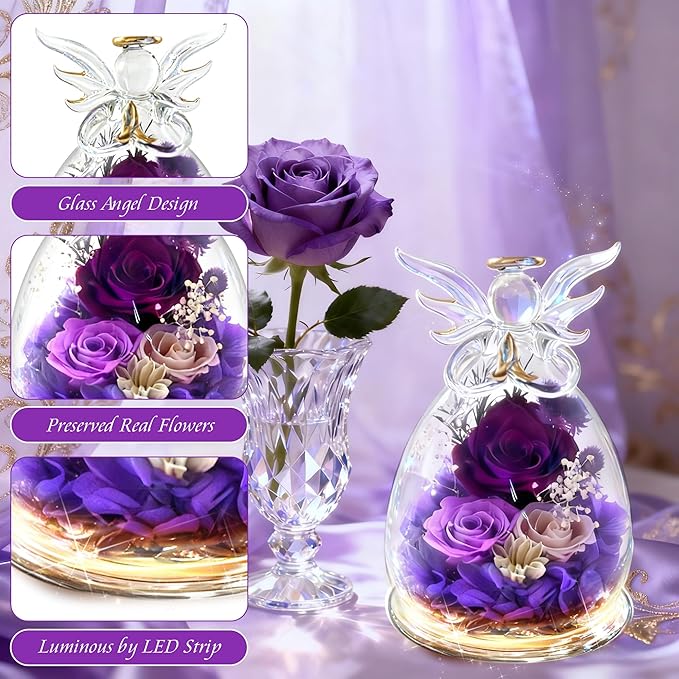 Purple Rose Valentines Day Gifts for Her Birthday Gifts for Women, Forever Rose in Glass Flowers for Delivery, Preserved Rose Angel Figurine for Mom Grandma, Mother’s Day Birthday Gifts
