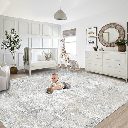 8x10 Area Rugs for Living Room, Washable Modern Abstract Large Area Rug Neutral Soft Non Slip Kids Rug Stain Resistant Indoor Carpet for Bedroom Dining Room Playroom Home Office(Beige Grey, 8'x10')