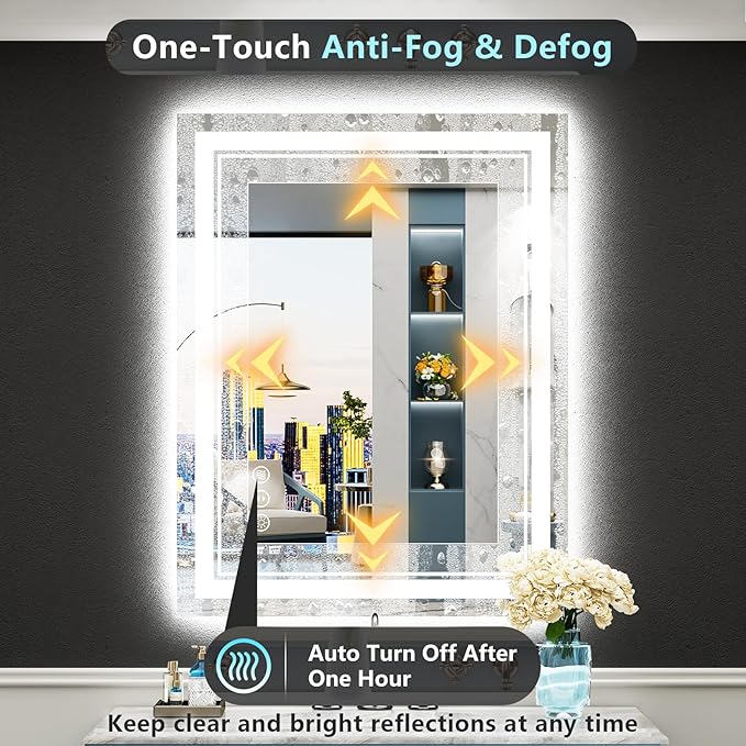 24x32 LED Bathroom Mirror with Lights, Backlit and Front Lit, Anti-Fog Lighted Vanity Mirrors for Bathroom Wall, Dimmable, 3-Color Light, Memory, Shatter-Proof, HD Tempered Glass, CRI＞90