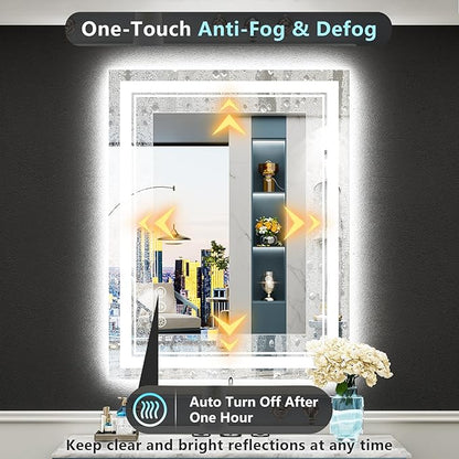 24x30 LED Bathroom Mirror with Lights, Backlit & Front Lit, Anti-Fog Lighted Vanity Mirror for Bathroom Wall, 3 Colors, Dimmable, Memory, HD Tempered Glass, Shatter-Proof, Horizontal/Vertical
